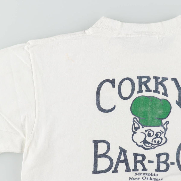 ~90'S CHES CORKY'S BAR-BQ Advertising T-Shirt, Made in USA, Men's Size L (Equivalent), Vintage cotton white type Vintage Second Hand