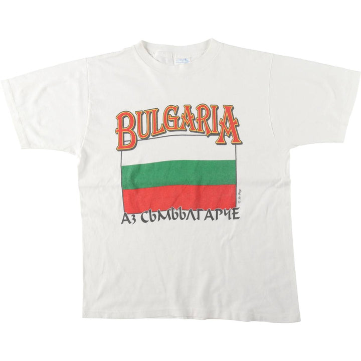90'S LE PAYS BULGARIA Bulgaria Flag Pattern Print T-Shirt, Made in USA, Men's Size L (Equivalent), Vintage cotton white type Vintage Second Hand