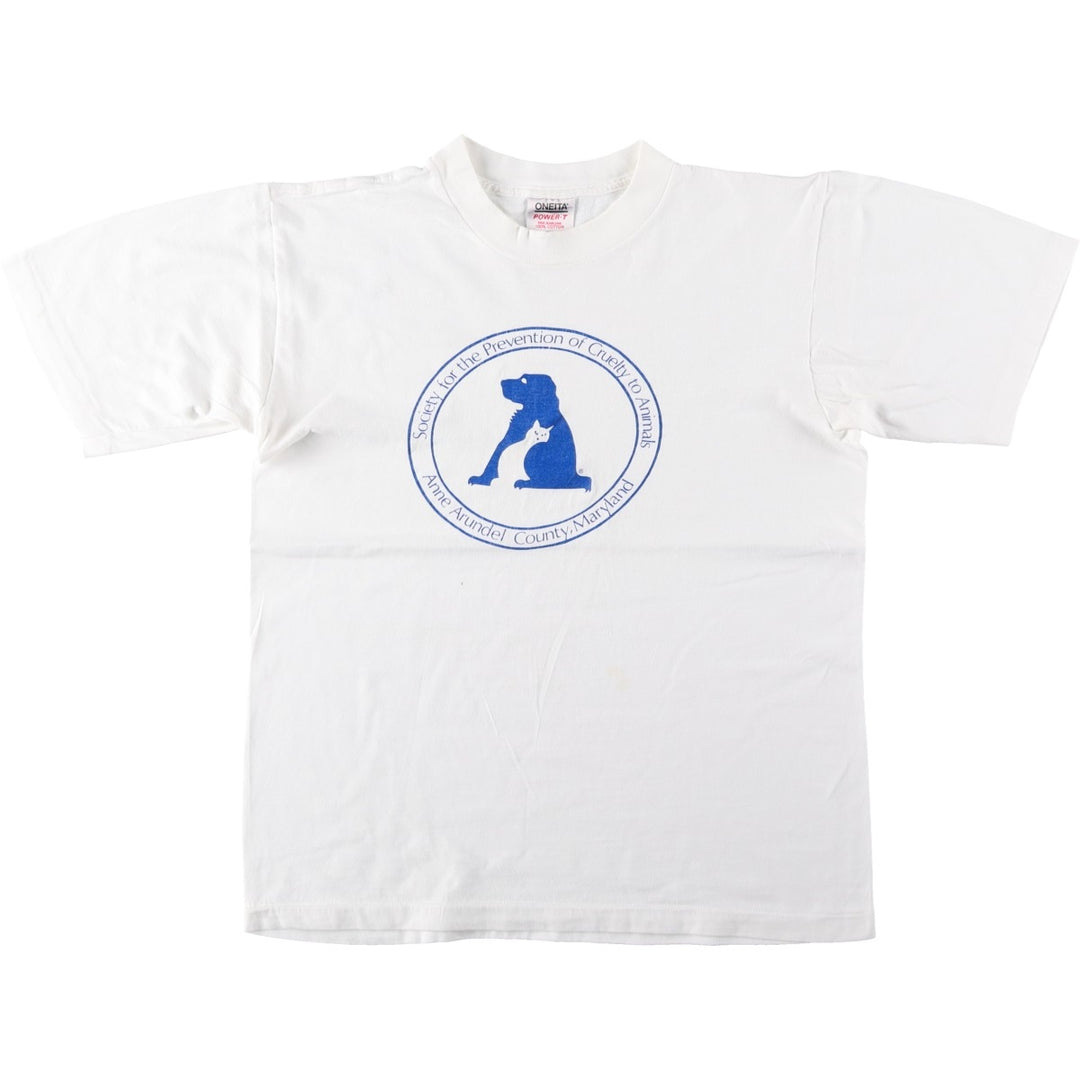90'S ONEITA POWER-T SPCA (Ann Arundel County Society for the Prevention of Cruelty to Animals) Print T-Shirt, Men's Size L (approx.), Vintage cotton white type Vintage Second Hand