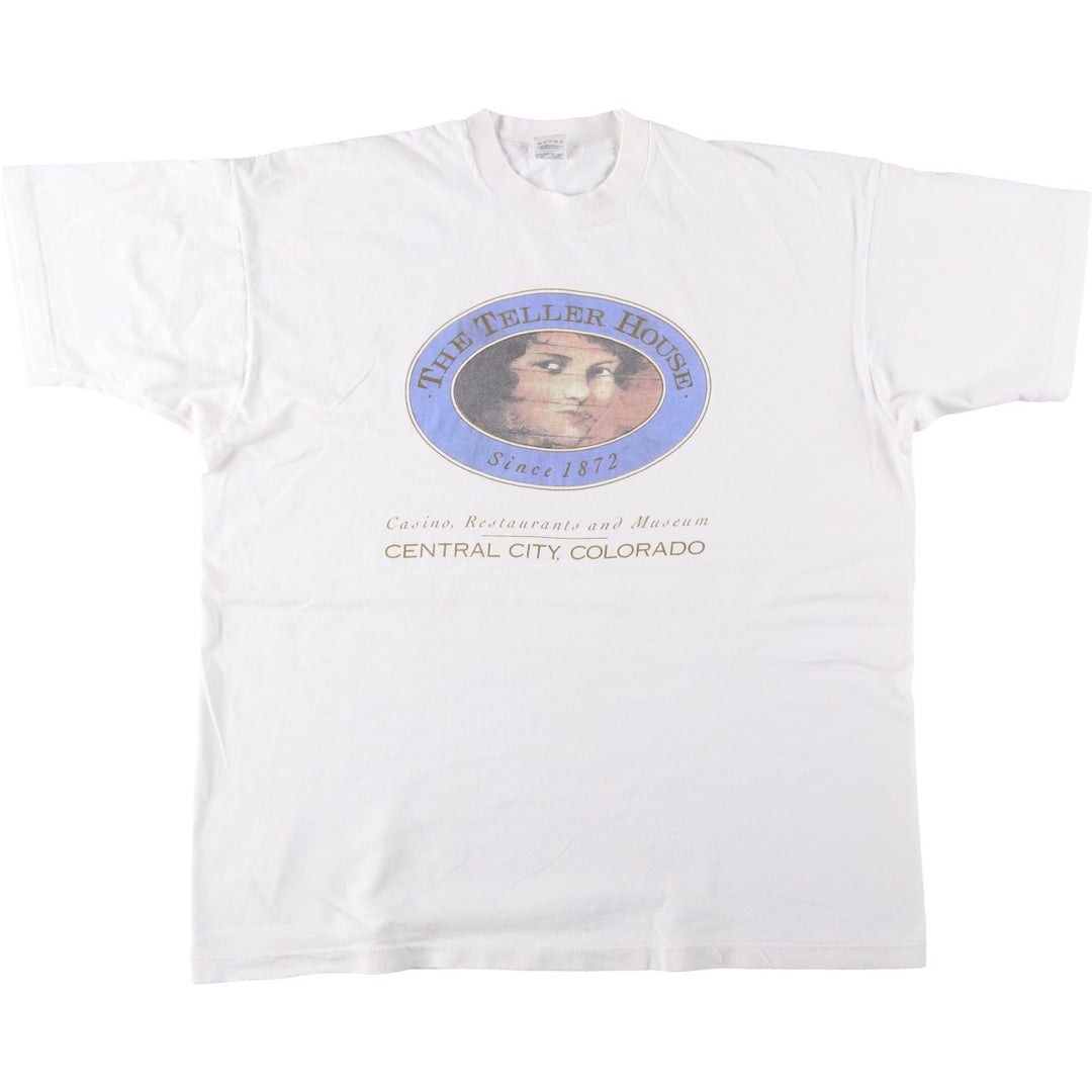 90'S Fruit of the Loom THE TELLER HOUSE Print T-Shirt, Made in USA, Men's XXL equivalent, Vintage cotton white type Vintage Second Hand
