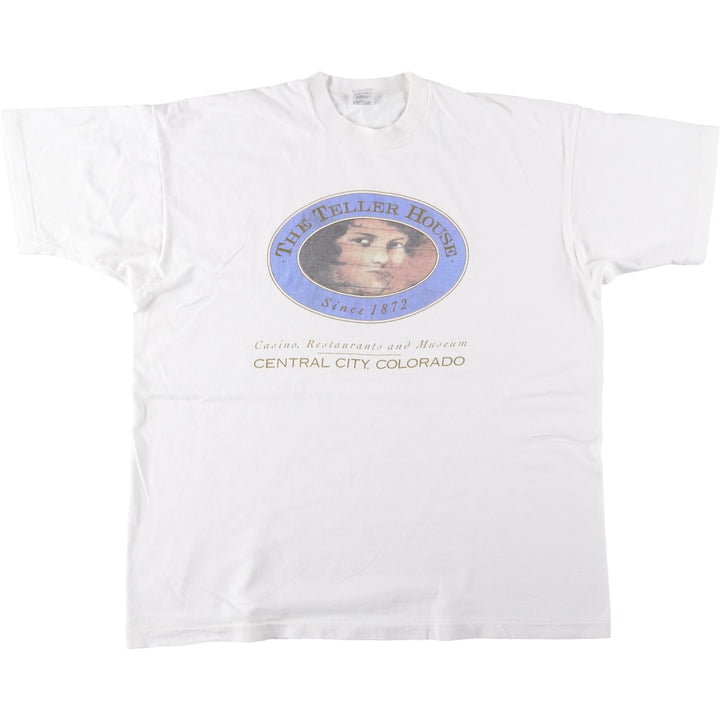 90'S Fruit of the Loom THE TELLER HOUSE Print T-Shirt, Made in USA, Men's XXL equivalent, Vintage cotton white type Vintage Second Hand