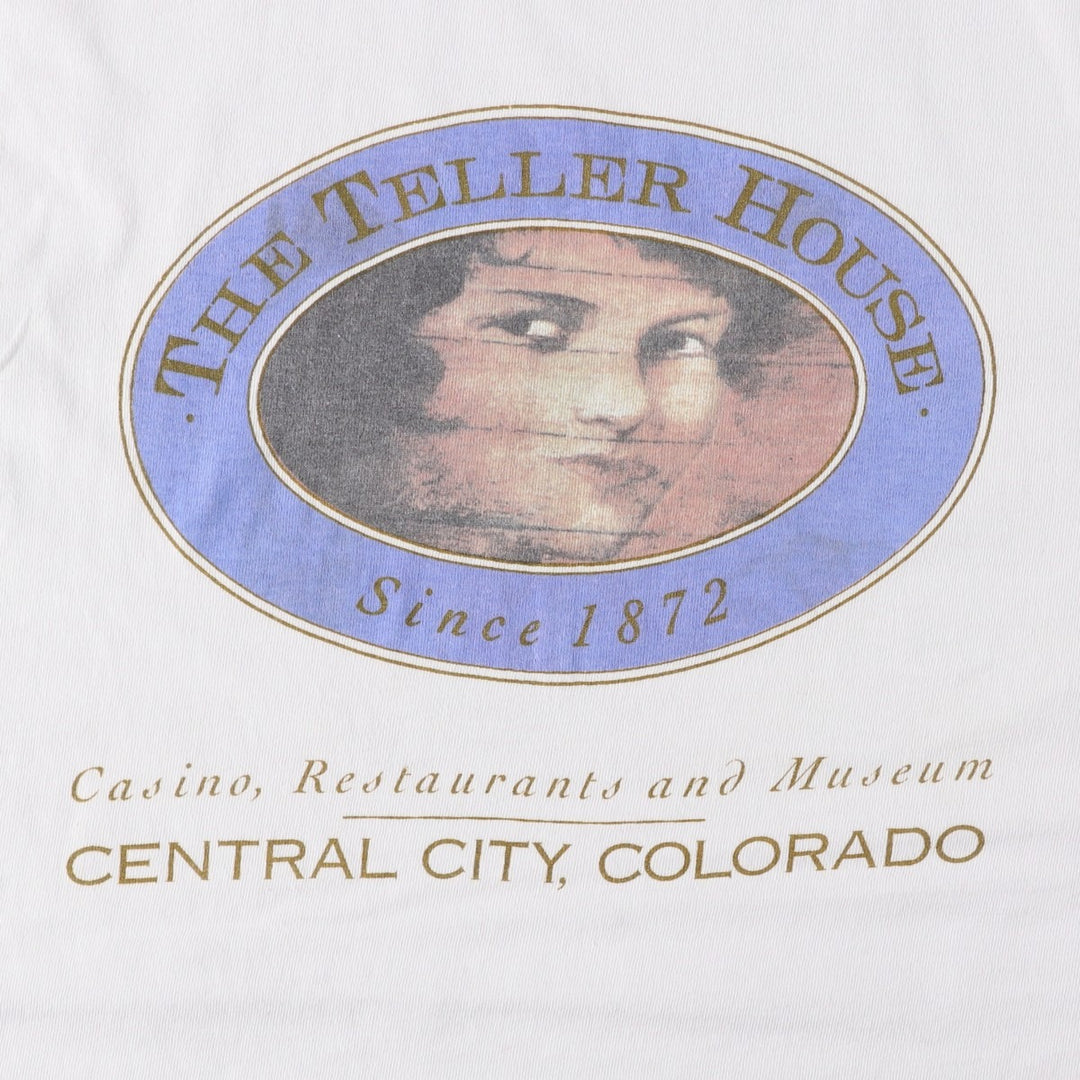 90'S Fruit of the Loom THE TELLER HOUSE Print T-Shirt, Made in USA, Men's XXL equivalent, Vintage cotton white type Vintage Second Hand