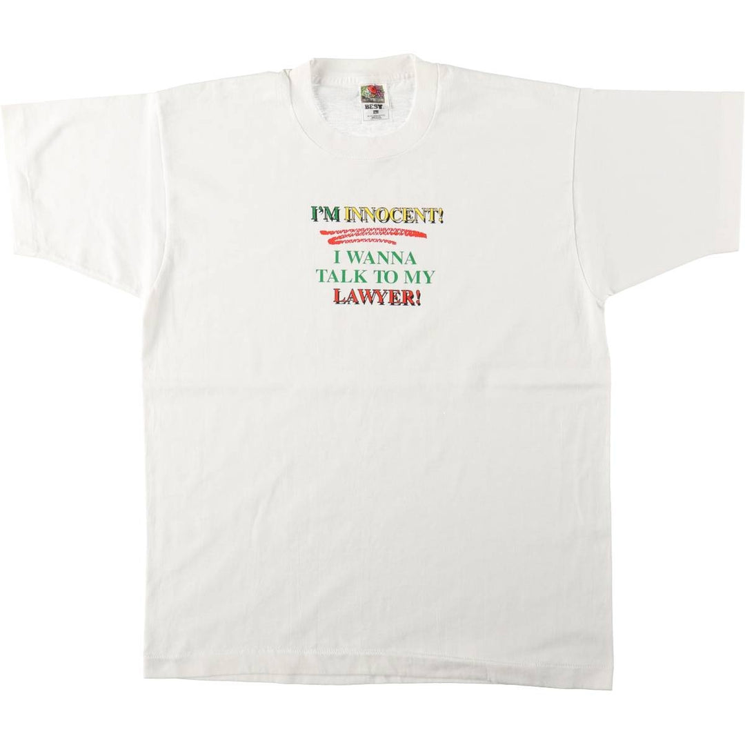 90'S Fruit of the Loom Message Print T-Shirt Made in USA Men's L Size Vintage cotton white type Vintage Second Hand