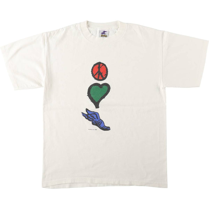 90'S Eastbay Peace Sign Art T-Shirt, Made in USA, Men's Size L (Equivalent), Vintage cotton pale white type Vintage Second Hand
