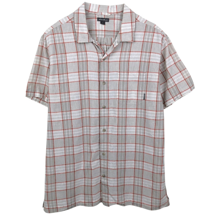 Eddie Bauer Check Pattern Short-Sleeve Open Collar Linen Shirt, Boxy Shirt, Men's Size L (approx.) linen white type Vintage Second Hand