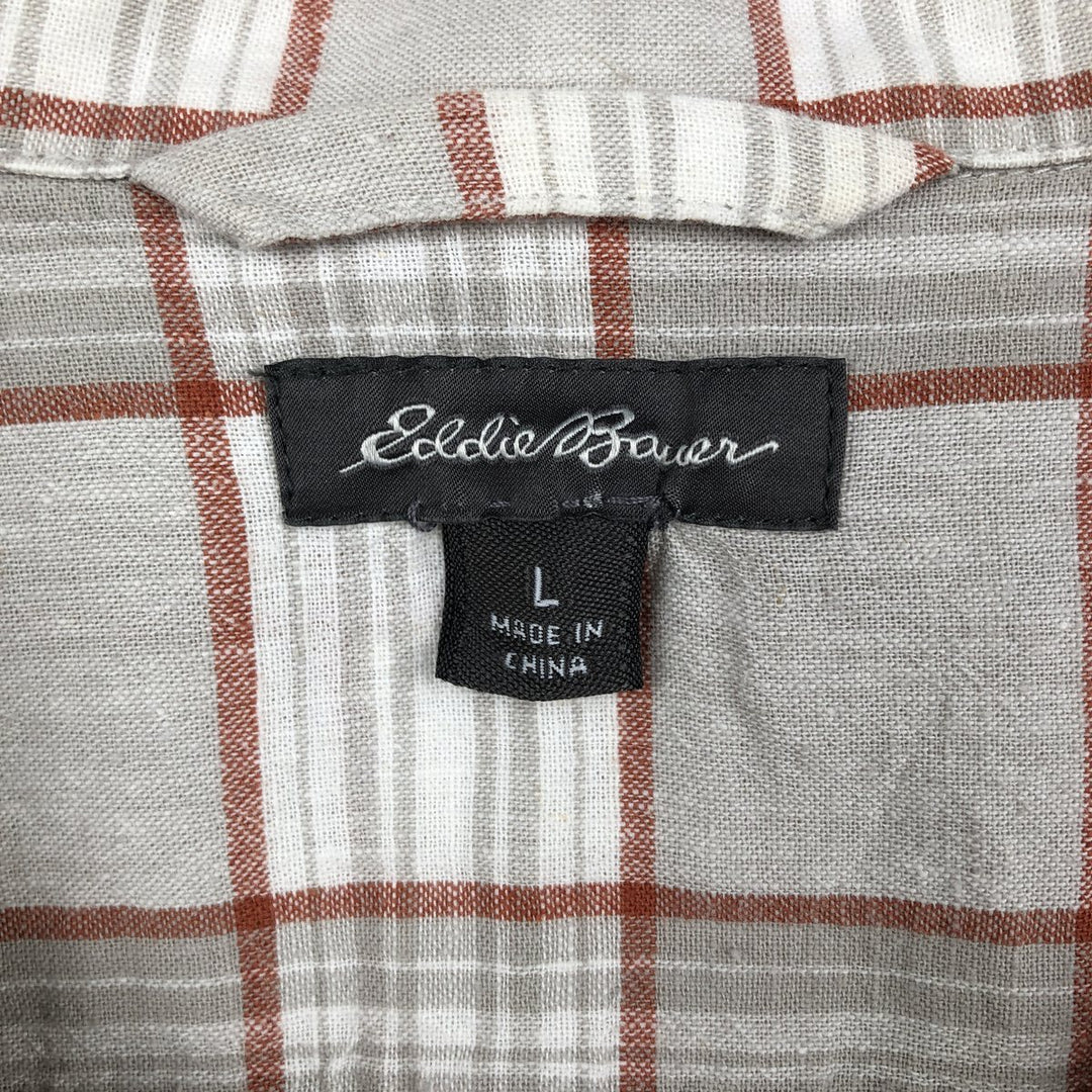 Eddie Bauer Check Pattern Short-Sleeve Open Collar Linen Shirt, Boxy Shirt, Men's Size L (approx.) linen white type Vintage Second Hand