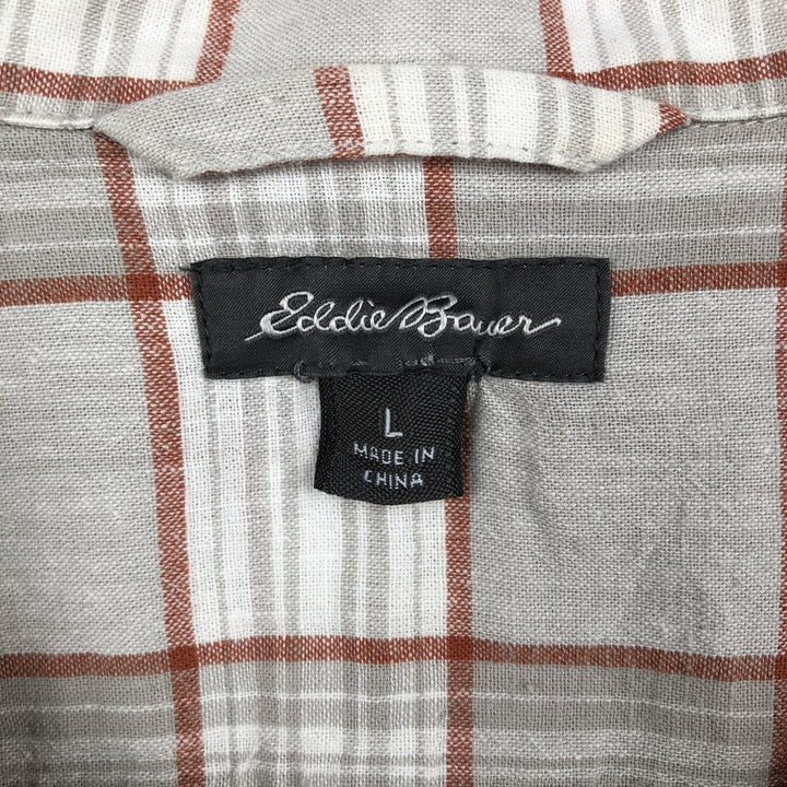 Eddie Bauer Check Pattern Short-Sleeve Open Collar Linen Shirt, Boxy Shirt, Men's Size L (approx.) linen white type Vintage Second Hand
