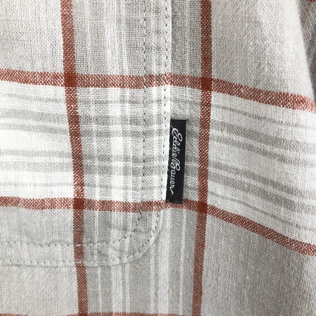 Eddie Bauer Check Pattern Short-Sleeve Open Collar Linen Shirt, Boxy Shirt, Men's Size L (approx.) linen white type Vintage Second Hand