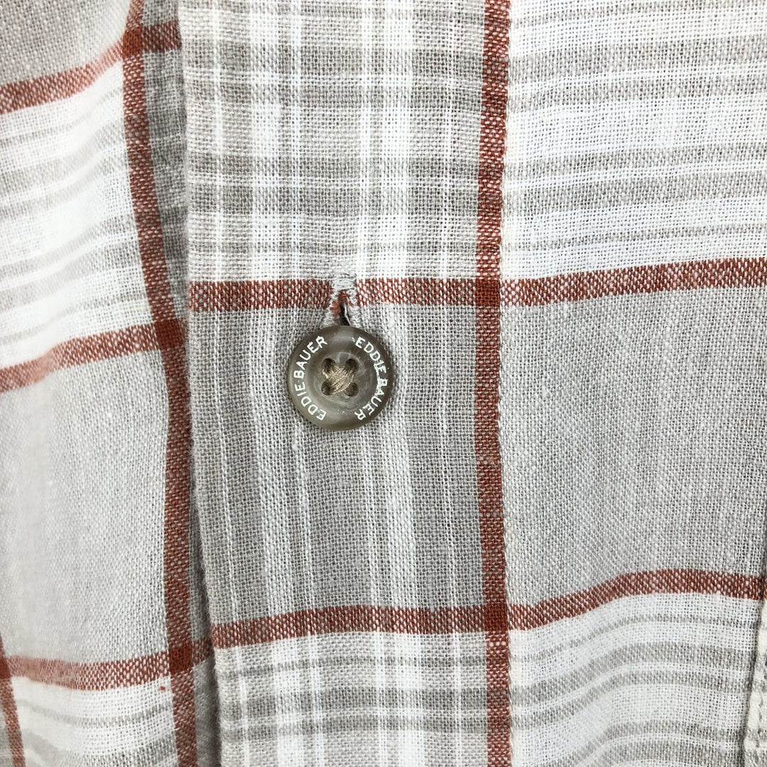 Eddie Bauer Check Pattern Short-Sleeve Open Collar Linen Shirt, Boxy Shirt, Men's Size L (approx.) linen white type Vintage Second Hand