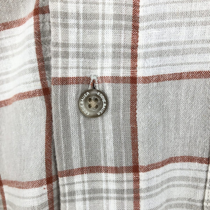 Eddie Bauer Check Pattern Short-Sleeve Open Collar Linen Shirt, Boxy Shirt, Men's Size L (approx.) linen white type Vintage Second Hand