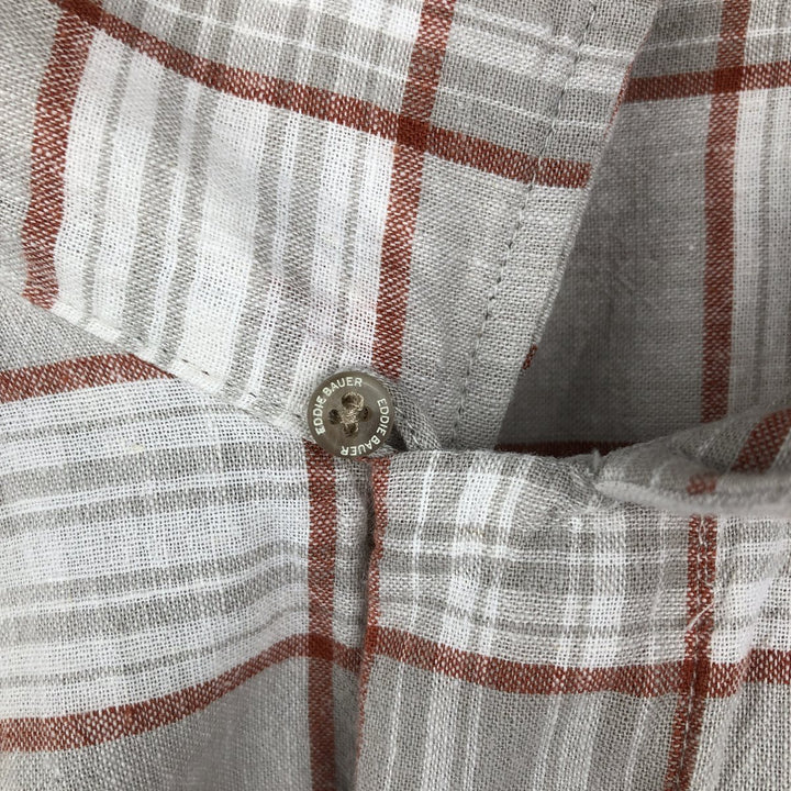 Eddie Bauer Check Pattern Short-Sleeve Open Collar Linen Shirt, Boxy Shirt, Men's Size L (approx.) linen white type Vintage Second Hand