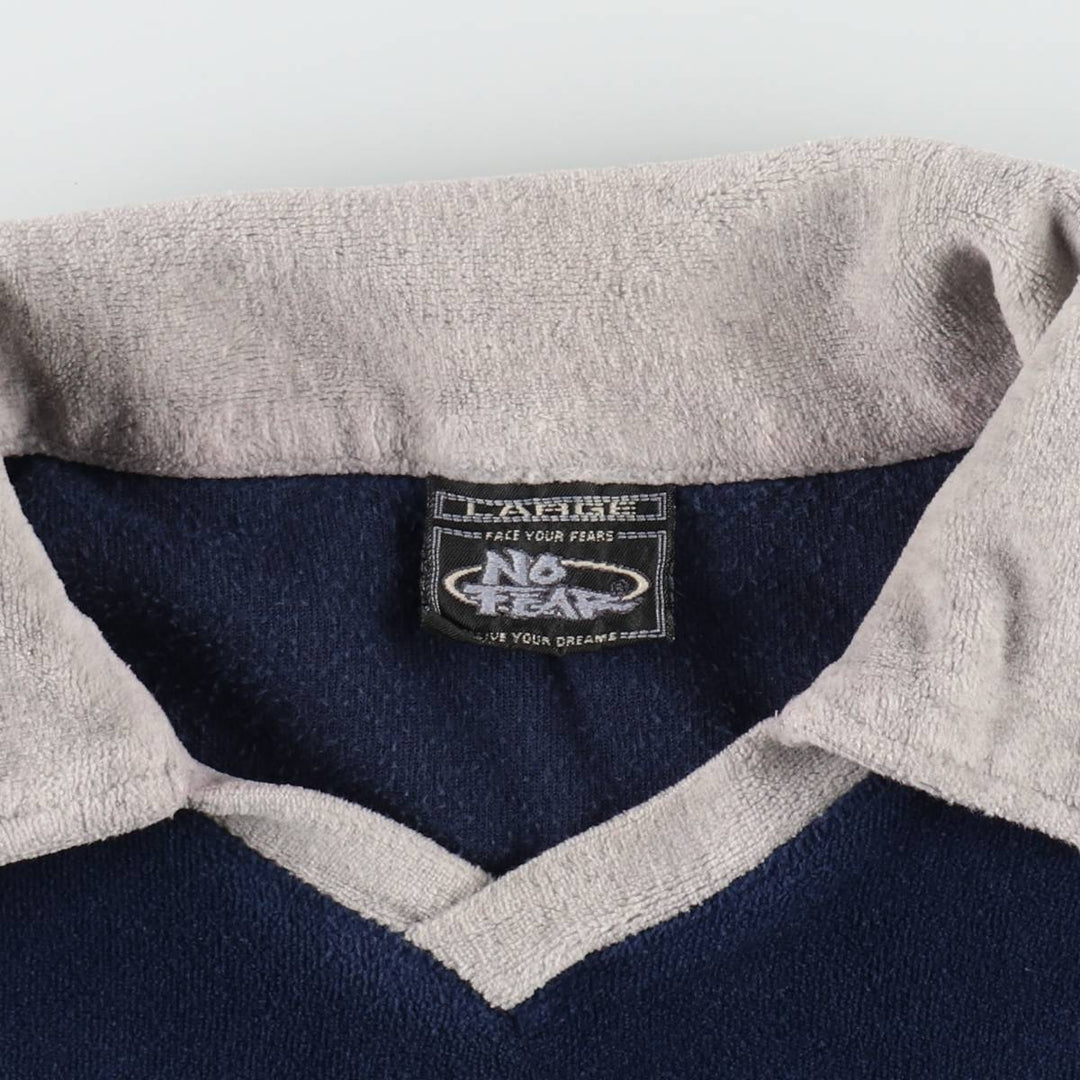 90'S NO FEAR surf/skate collared V-neck long-sleeve t-shirt, made in USA, men's size L equivalent, vintage. cotton navy blue type Vintage Second Hand