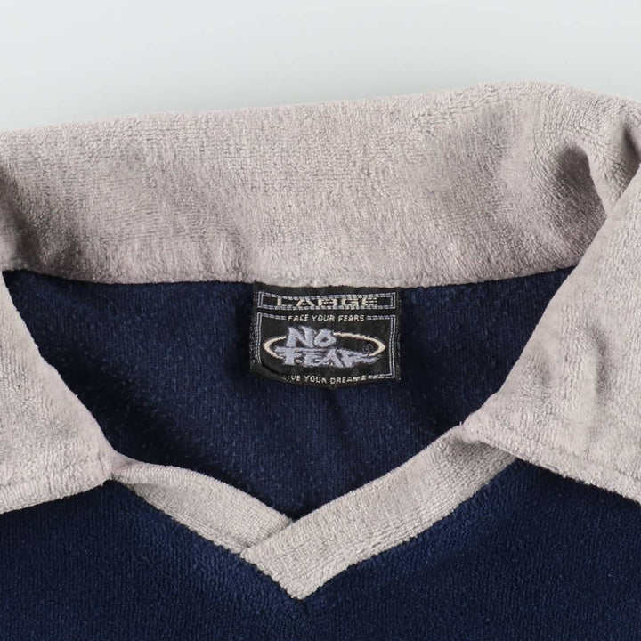 90'S NO FEAR surf/skate collared V-neck long-sleeve t-shirt, made in USA, men's size L equivalent, vintage. cotton navy blue type Vintage Second Hand