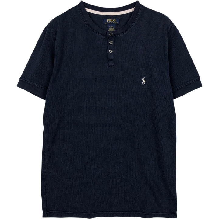 Ralph Lauren POLO RALPH LAUREN Henley Neck Thermal Short-Sleeve T-Shirt with One-Point Logo, Men's Size M (approx.) cotton navy blue type Vintage Second Hand