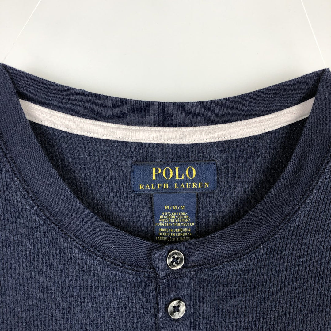 Ralph Lauren POLO RALPH LAUREN Henley Neck Thermal Short-Sleeve T-Shirt with One-Point Logo, Men's Size M (approx.) cotton navy blue type Vintage Second Hand