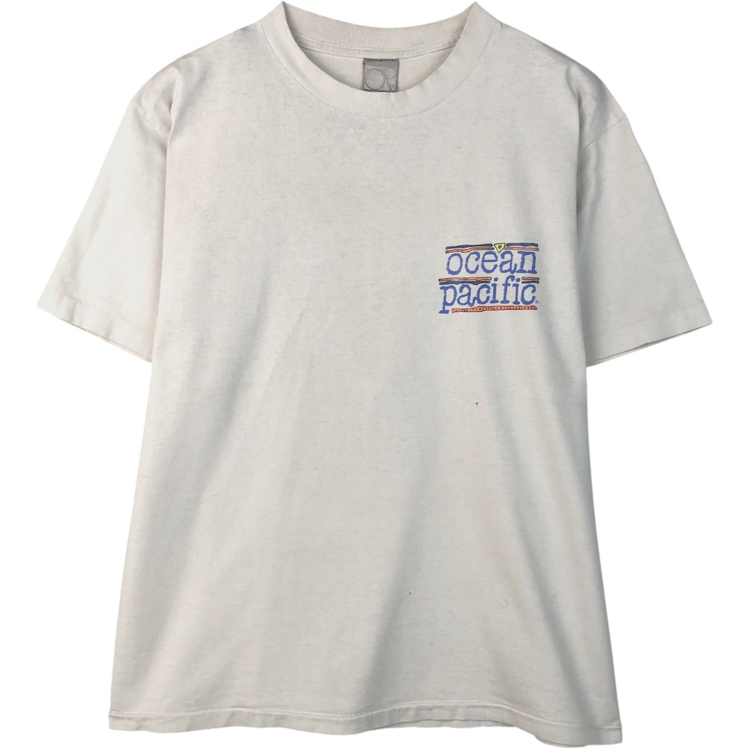 90'S Ocean Pacific short-sleeved printed T-shirt, made in the USA, men's size L equivalent. cotton white type Vintage Second Hand