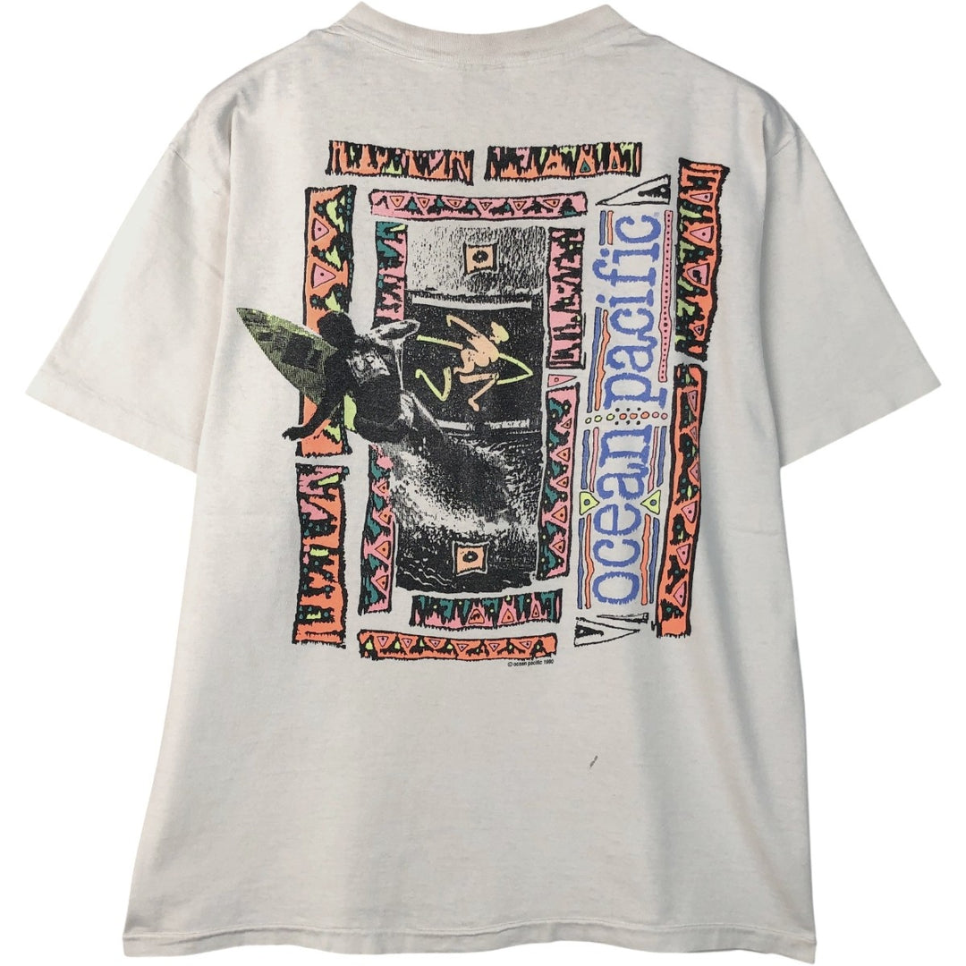 90'S Ocean Pacific short-sleeved printed T-shirt, made in the USA, men's size L equivalent. cotton white type Vintage Second Hand