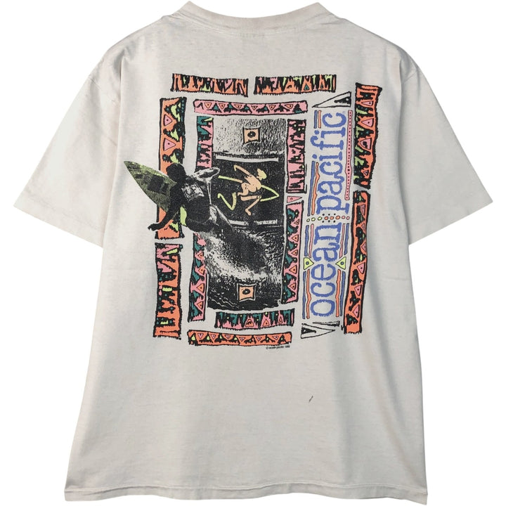 90'S Ocean Pacific short-sleeved printed T-shirt, made in the USA, men's size L equivalent. cotton white type Vintage Second Hand