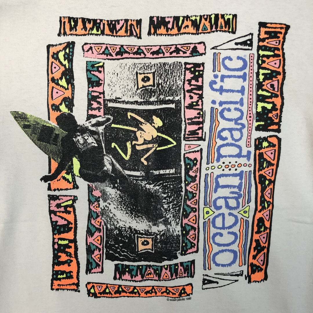 90'S Ocean Pacific short-sleeved printed T-shirt, made in the USA, men's size L equivalent. cotton white type Vintage Second Hand