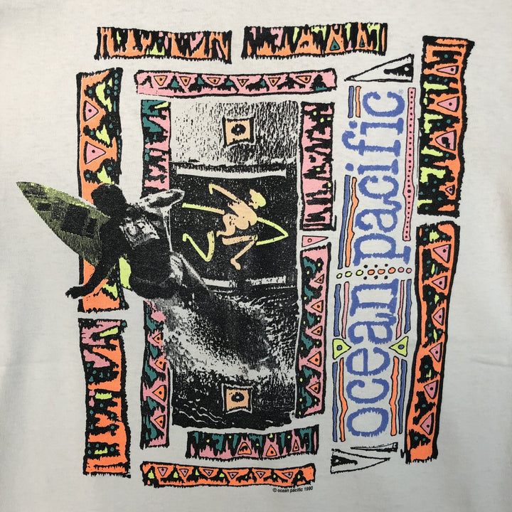 90'S Ocean Pacific short-sleeved printed T-shirt, made in the USA, men's size L equivalent. cotton white type Vintage Second Hand