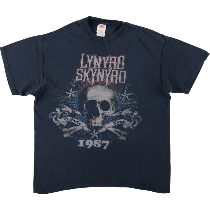 Fruit of the Loom Heavy Cotton Lynyrd Skynyrd Skull Pattern Band T-Shirt (Men's Size L) cotton black type Vintage Second Hand
