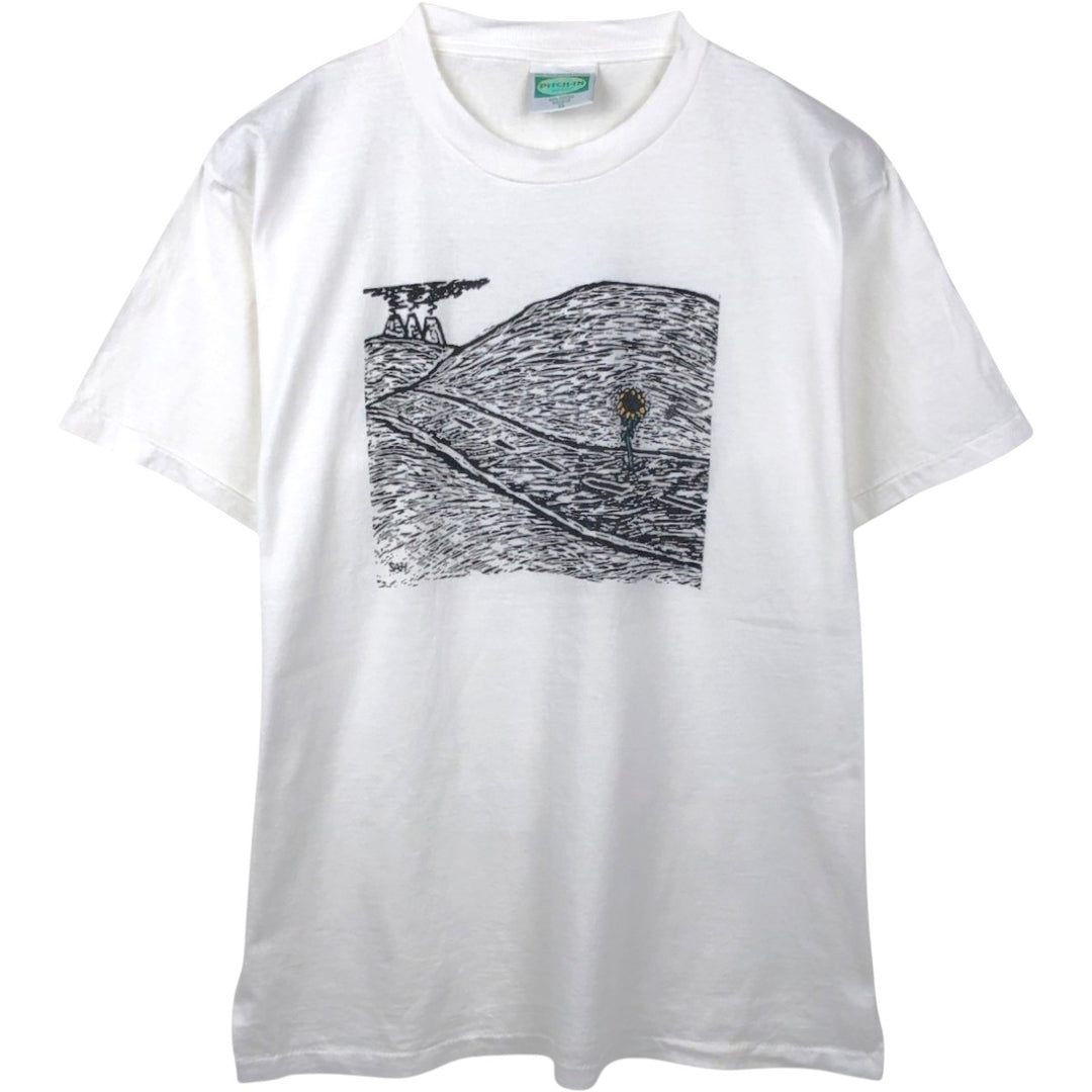 90'S PITCH-IN Art T-Shirt, Made in USA, Men's XL equivalent, Vintage Recycled Cotton white type Vintage Second Hand