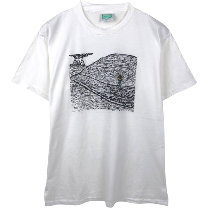90'S PITCH-IN Art T-Shirt, Made in USA, Men's XL equivalent, Vintage Recycled Cotton white type Vintage Second Hand