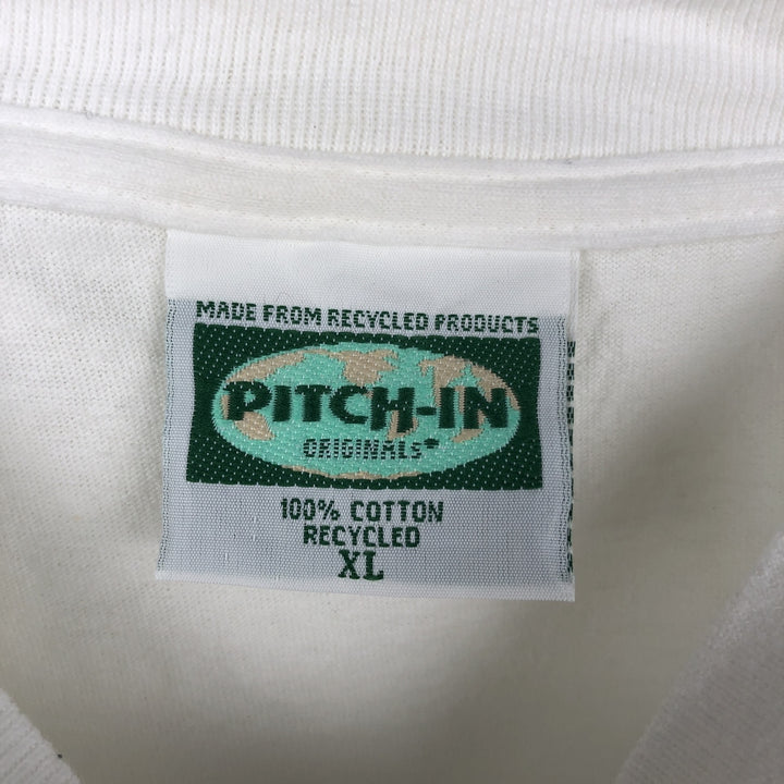 90'S PITCH-IN Art T-Shirt, Made in USA, Men's XL equivalent, Vintage Recycled Cotton white type Vintage Second Hand