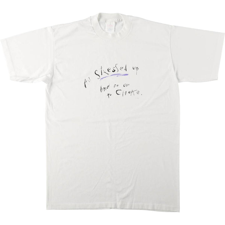 90'S Center Star Message Print T-Shirt, Made in USA, Men's XL (approx.), Vintage polyester white type Vintage Second Hand