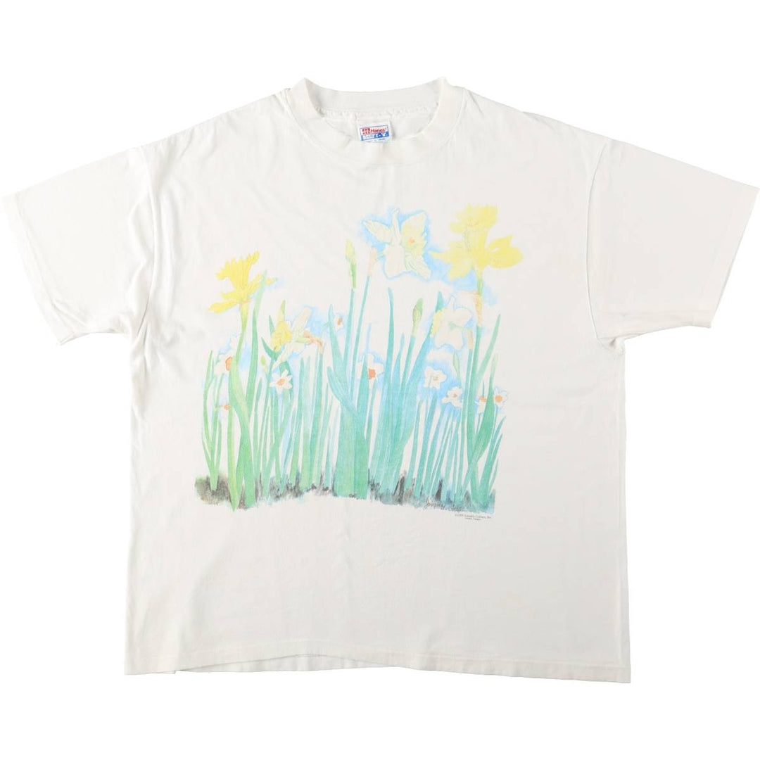 90'S Hanes BEEFY-T Floral Art T-Shirt, Made in USA, Men's XL equivalent, Vintage cotton white type Vintage Second Hand