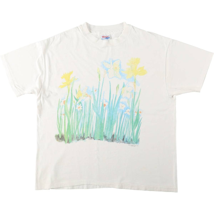 90'S Hanes BEEFY-T Floral Art T-Shirt, Made in USA, Men's XL equivalent, Vintage cotton white type Vintage Second Hand