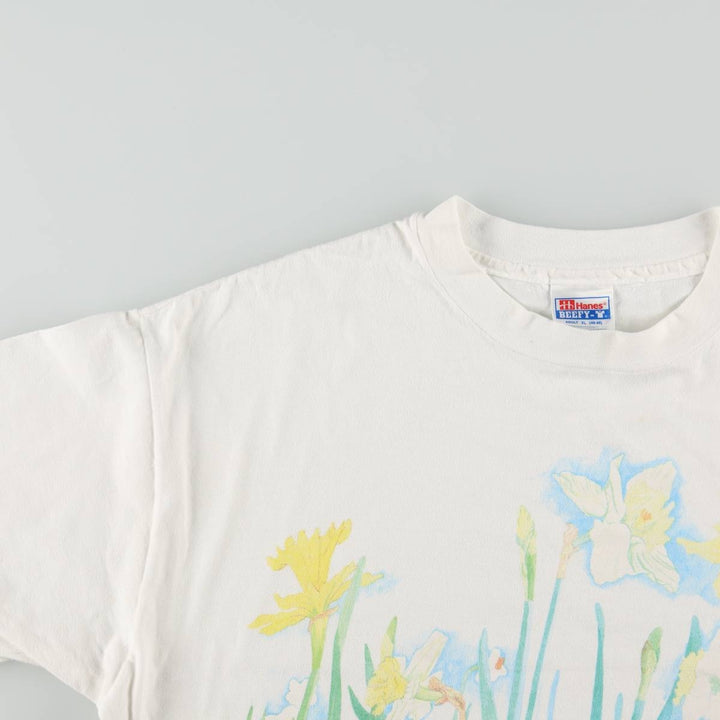 90'S Hanes BEEFY-T Floral Art T-Shirt, Made in USA, Men's XL equivalent, Vintage cotton white type Vintage Second Hand
