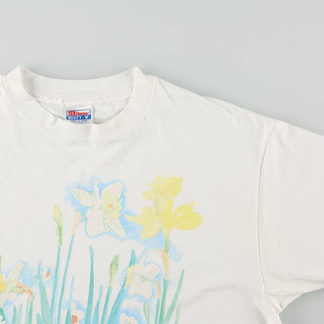 90'S Hanes BEEFY-T Floral Art T-Shirt, Made in USA, Men's XL equivalent, Vintage cotton white type Vintage Second Hand