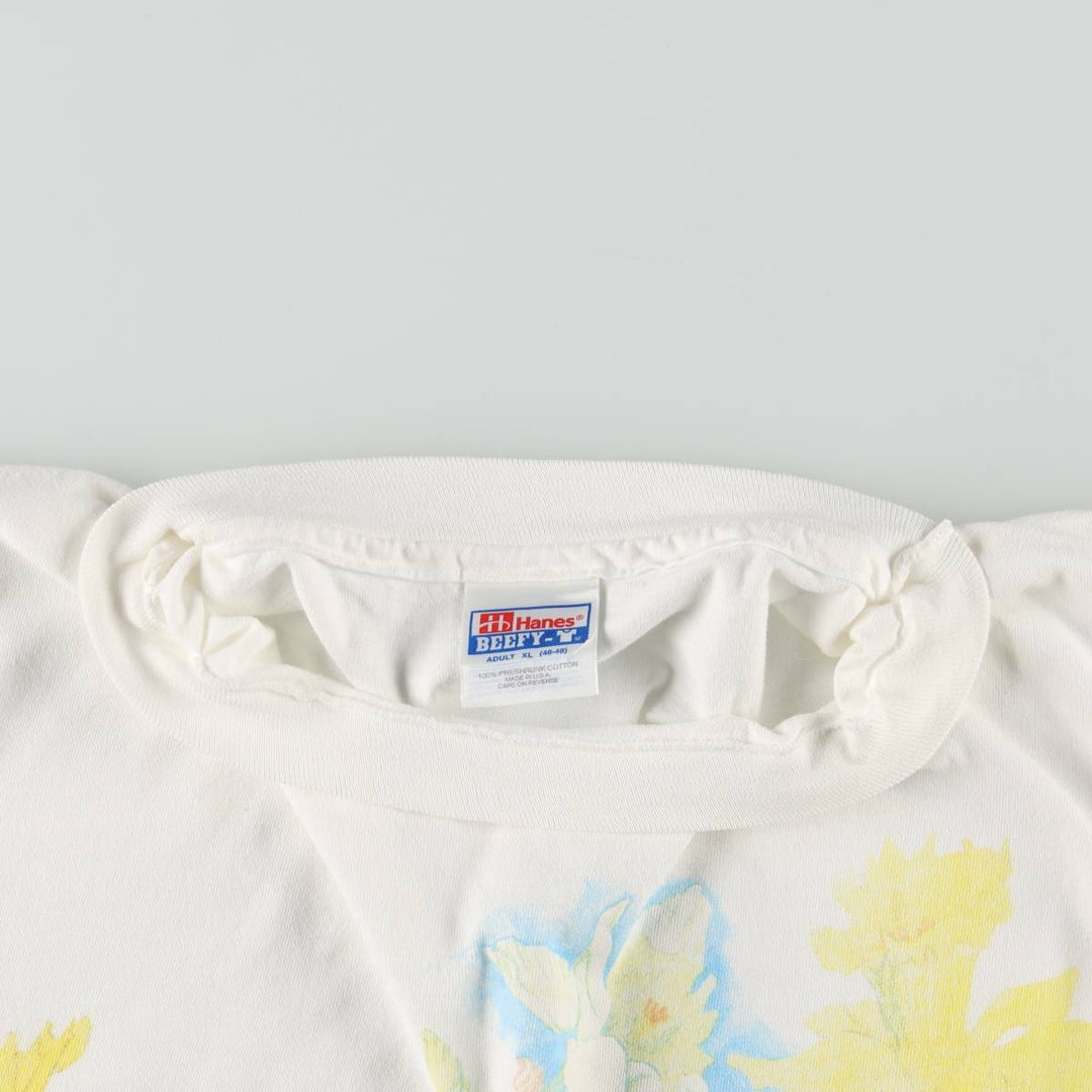 90'S Hanes BEEFY-T Floral Art T-Shirt, Made in USA, Men's XL equivalent, Vintage cotton white type Vintage Second Hand