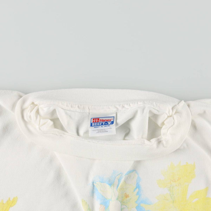 90'S Hanes BEEFY-T Floral Art T-Shirt, Made in USA, Men's XL equivalent, Vintage cotton white type Vintage Second Hand