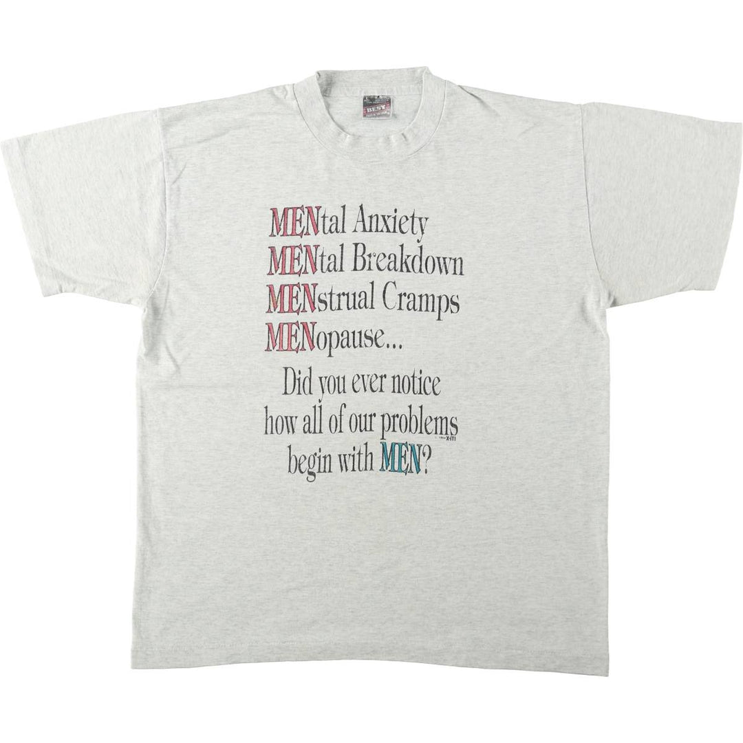 90'S Fruit of the Loom Message Print T-Shirt Made in USA Men's L Size Vintage cotton gray type Vintage Second Hand