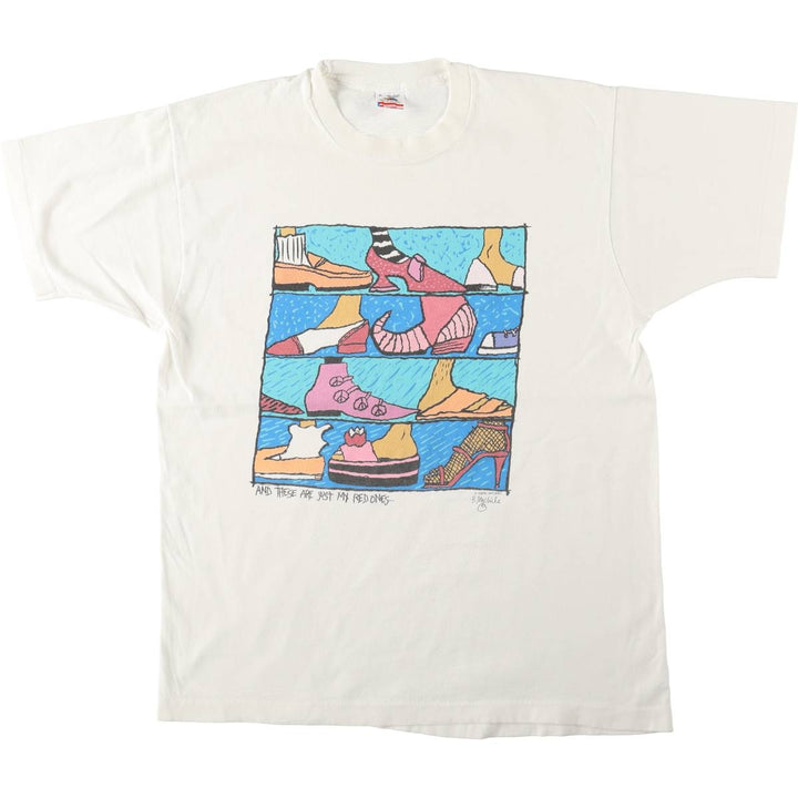 90'S Fruit of the Loom Art T-Shirt, Made in USA, Men's XL equivalent, Vintage cotton white type Vintage Second Hand