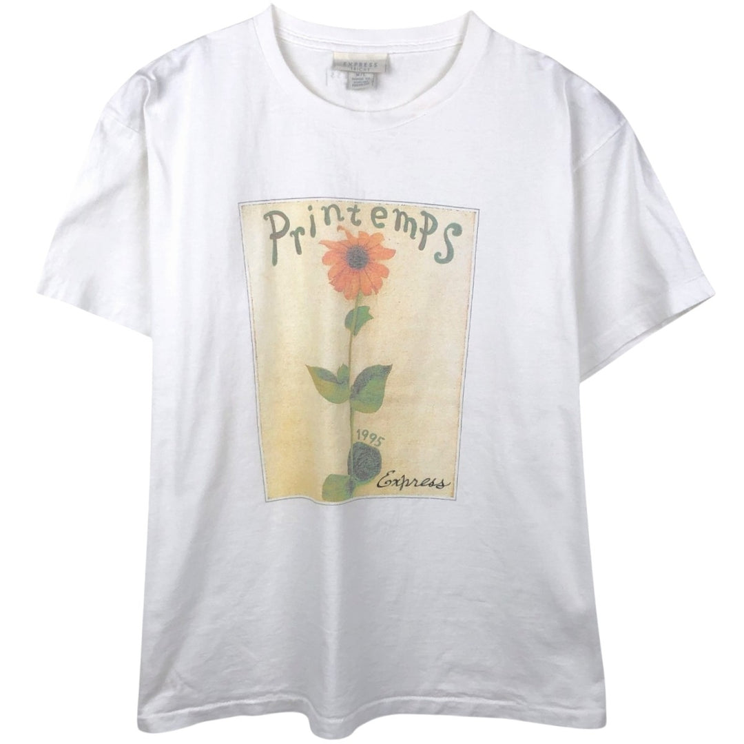 90'S EXPRESS TRICOT Floral Sunflower Pattern Art T-Shirt, Made in USA, Women's Size L (Equivalent), Vintage cotton white type Vintage Second Hand