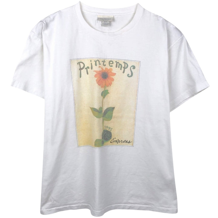 90'S EXPRESS TRICOT Floral Sunflower Pattern Art T-Shirt, Made in USA, Women's Size L (Equivalent), Vintage cotton white type Vintage Second Hand