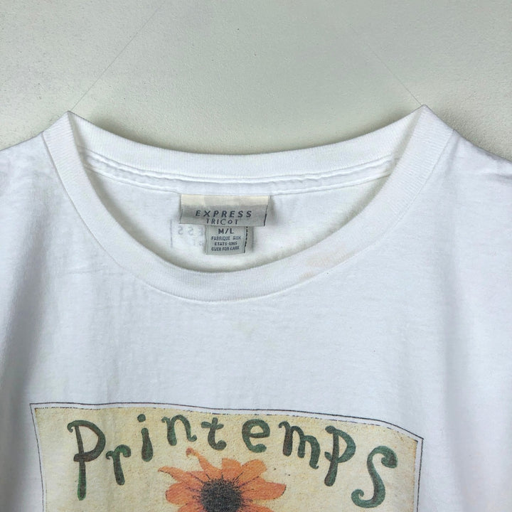 90'S EXPRESS TRICOT Floral Sunflower Pattern Art T-Shirt, Made in USA, Women's Size L (Equivalent), Vintage cotton white type Vintage Second Hand
