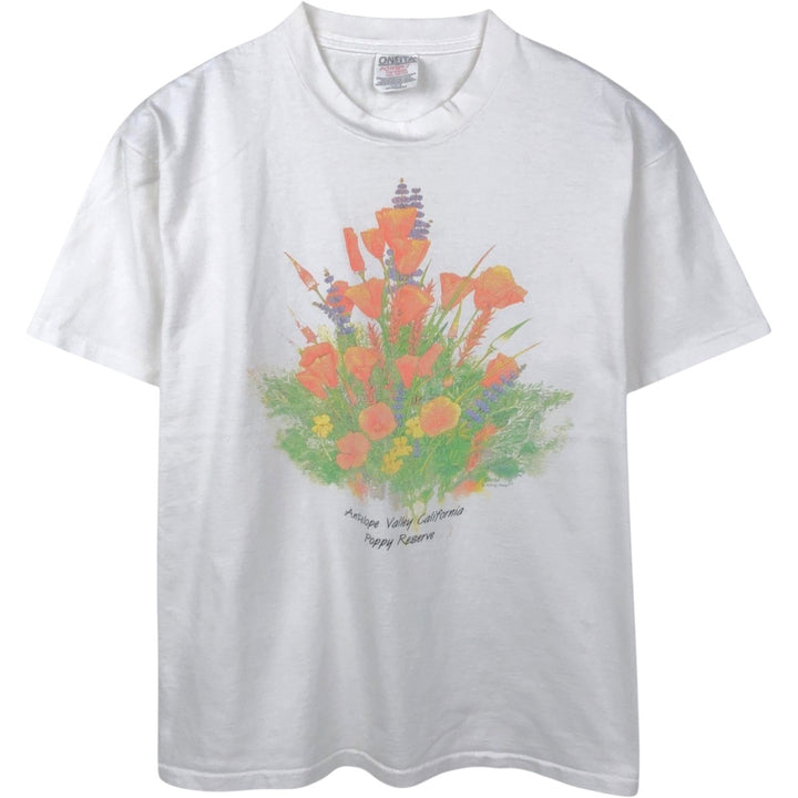 90'S ONEITA Floral Art T-Shirt, Men's Size L (Equivalent), Vintage cotton white type Vintage Second Hand