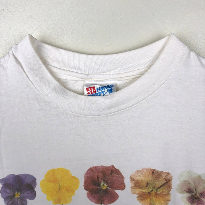 90'S Hanes BEEFY-T Floral Art T-Shirt, Made in USA, Men's Size L (approx.), Vintage cotton white type Vintage Second Hand