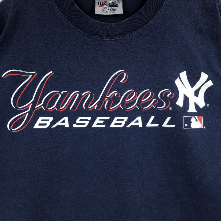 Majestic MLB NEW YORK YANKEES Sports Print T-Shirt (Men's XL equivalent) cotton navy blue type Vintage Second Hand