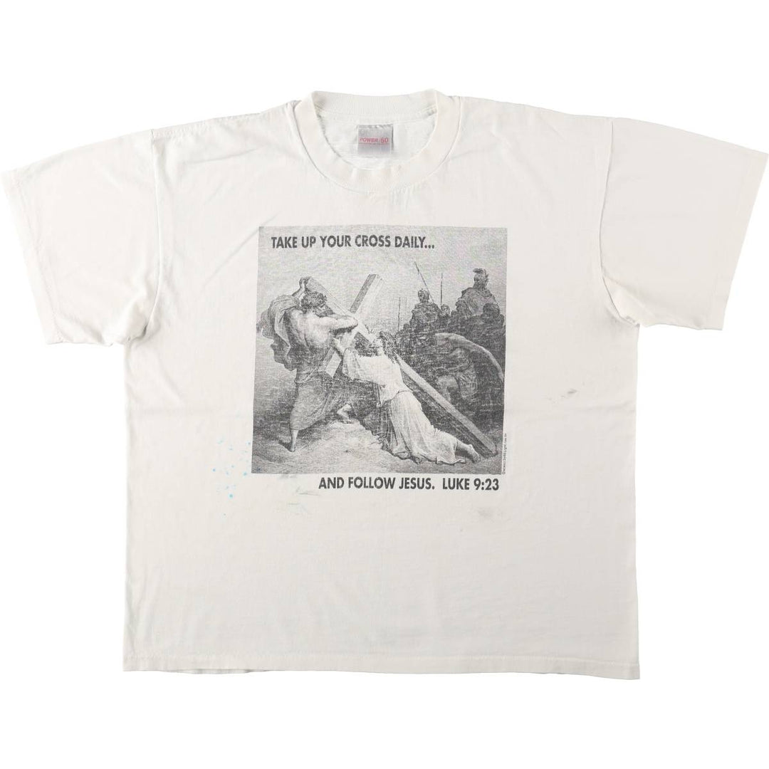 90'S ONITA GUSTAVE DORE Gustave Dore Art T-shirt, Men's XL equivalent, featuring Jesus falling beneath the cross, Vintage. unclear white type Vintage Second Hand