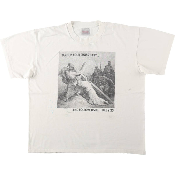 90'S ONITA GUSTAVE DORE Gustave Dore Art T-shirt, Men's XL equivalent, featuring Jesus falling beneath the cross, Vintage. unclear white type Vintage Second Hand