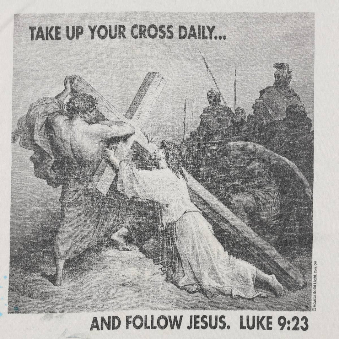 90'S ONITA GUSTAVE DORE Gustave Dore Art T-shirt, Men's XL equivalent, featuring Jesus falling beneath the cross, Vintage. unclear white type Vintage Second Hand