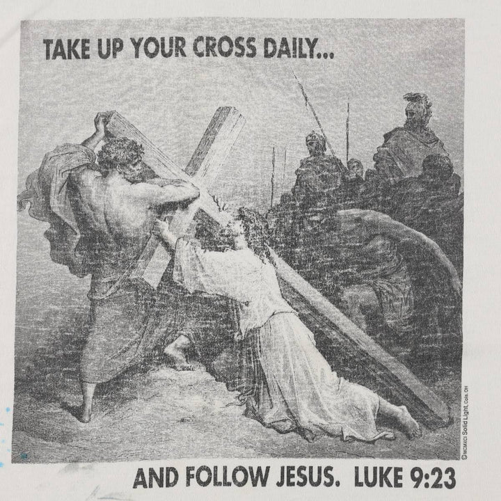90'S ONITA GUSTAVE DORE Gustave Dore Art T-shirt, Men's XL equivalent, featuring Jesus falling beneath the cross, Vintage. unclear white type Vintage Second Hand