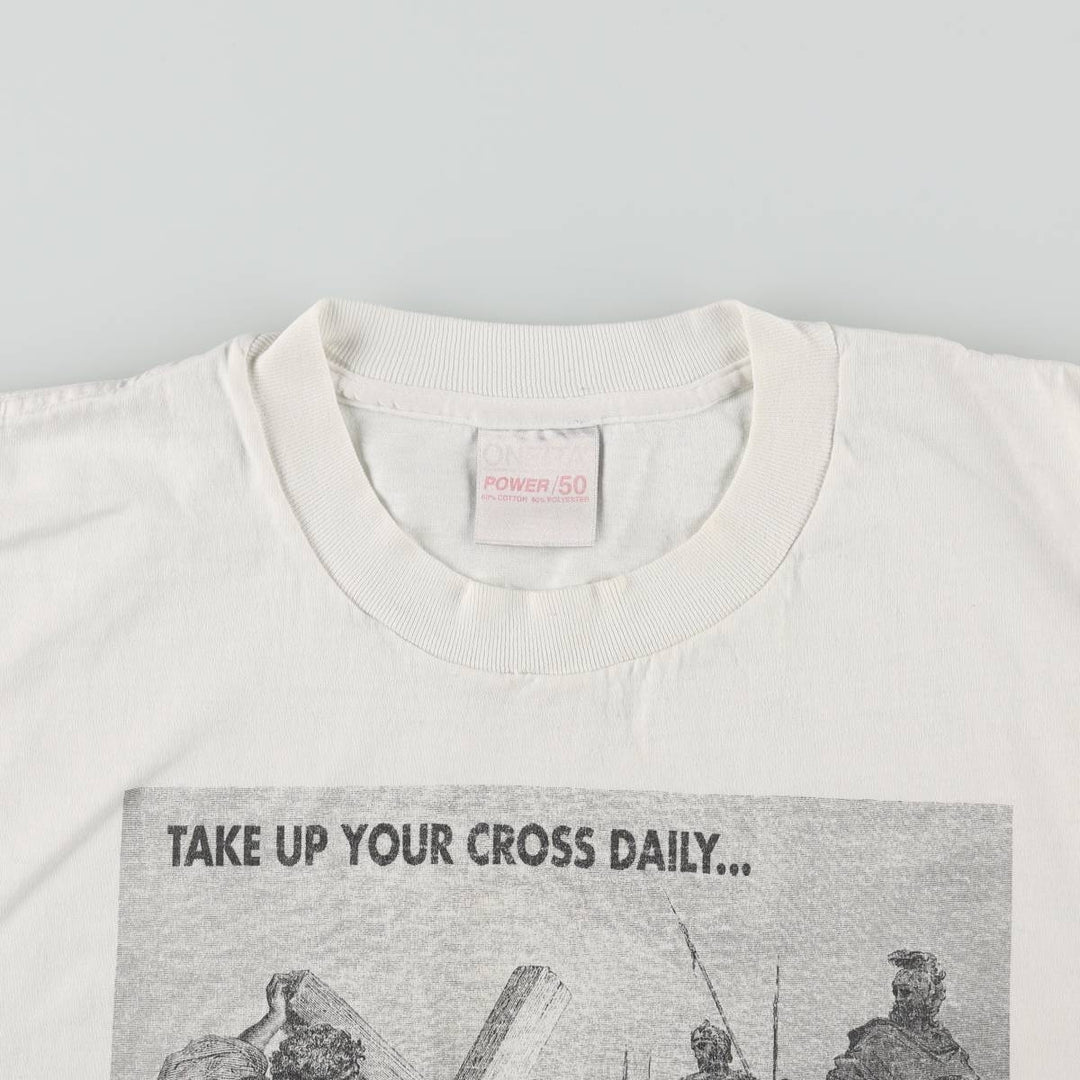 90'S ONITA GUSTAVE DORE Gustave Dore Art T-shirt, Men's XL equivalent, featuring Jesus falling beneath the cross, Vintage. unclear white type Vintage Second Hand