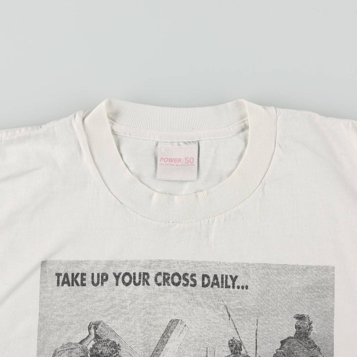 90'S ONITA GUSTAVE DORE Gustave Dore Art T-shirt, Men's XL equivalent, featuring Jesus falling beneath the cross, Vintage. unclear white type Vintage Second Hand