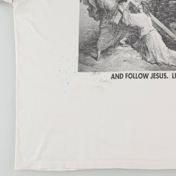 90'S ONITA GUSTAVE DORE Gustave Dore Art T-shirt, Men's XL equivalent, featuring Jesus falling beneath the cross, Vintage. unclear white type Vintage Second Hand